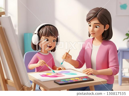 3d cartoon Neurodivergent kid girl with headphone in art therapy painting with therapist to develop creativity fine motor skills and autism spectrum inclusion 130817535