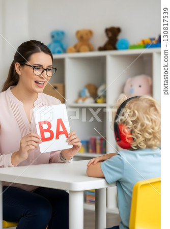 Autistic child boy with noise cancelling headphone in speech therapy practicing phonics with therapist holding letter card for communication skills and autism awareness 130817539