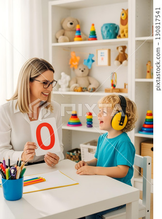 Autistic child boy with noise cancelling headphone in speech therapy learning vowel O with therapist for communication skills and autism spectrum inclusion Autistic child boy with noise cancelling headphone in speech therapy learning vowel O with therapist for communication skills and autism spectrum inclusion 130817541