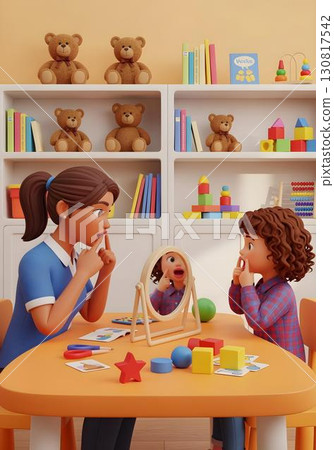 3d cartoon Neurodivergent kid girl in speech therapy using mirror with therapist for mouth exercises articulation practice and autism spectrum inclusion awareness 130817542