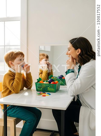 Autistic child boy in speech therapy with mirror practicing mouth exercises with therapist for articulation skills and autism spectrum inclusion awareness 130817552