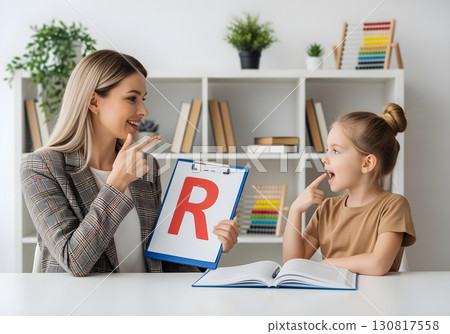 Neurodivergent kid girl in speech therapy practicing letter R pronunciation with therapist for articulation and autism spectrum inclusion awareness 130817558