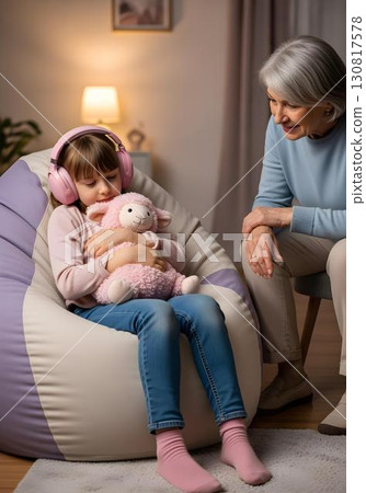 Autistic child girl wearing noise cancelling headphones hugging plush toy in sensory therapy with caregiver support for emotional regulation and autism inclusion awareness 130817578