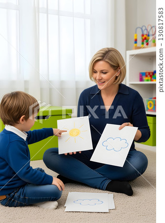 Autistic child boy in speech therapy pointing to illustrated cards with therapist to improve language skills autism spectrum learning and neurodiversity inclusion awareness 130817583