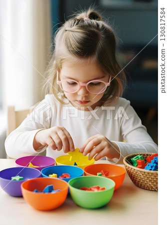 Neurodivergent kid girl in occupational therapy sorting colorful shapes into bowls for fine motor skills development autism spectrum learning and neurodiversity inclusion awareness Neurodivergent kid girl in occupational therapy sorting colorful shapes into bowls for fine motor skills development autism spectrum learning and neurodiversity inclusion awareness 130817584