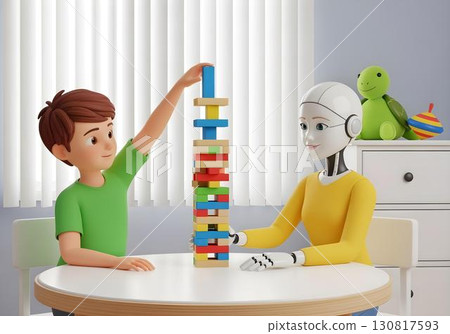3d cartoon Autistic child boy building tall block tower with robot therapist in autism therapy for problem solving neurodiversity awareness and assistive AI technology inclusion 130817593