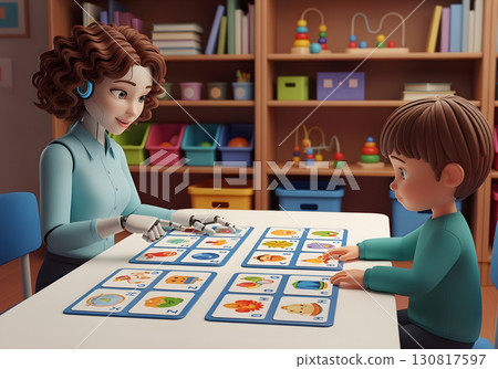 3d cartoon Autistic child boy learning with picture cards guided by robot therapist in autism education for communication neurodiversity awareness and inclusion support 130817597