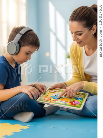 Autistic child boy wearing headphones in educational therapy with therapist using colorful puzzle for cognitive skills autism awareness and neurodiversity inclusion support Autistic child boy wearing headphones in educational therapy with therapist using colorful puzzle for cognitive skills autism awareness and neurodiversity inclusion support 130817616