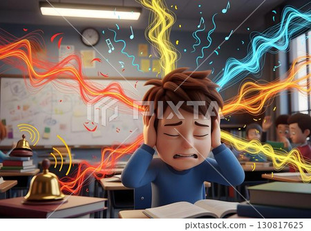 3d cartoon autistic child boy in classroom covering ears with colorful sound waves visualizing auditory sensory overload autism ADHD neurodiversity inclusion 130817625