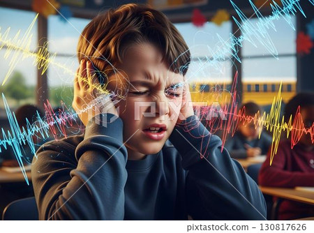 Realistic illustration autistic child boy covering ears in school classroom hallway with bright sound waves and icons visualizing auditory sensory overload autism ADHD awareness Realistic illustration autistic child boy covering ears in school classroom hallway with bright sound waves and icons visualizing auditory sensory overload autism ADHD awareness 130817626