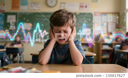 Realistic illustration autistic child boy covering ears in school classroom hallway with bright sound waves and icons visualizing auditory sensory overload autism ADHD awareness 130817627