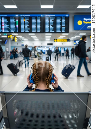Neurodivergent kid girl with noise cancelling headphones at airport terminal facing departure boards avoiding sensory overload from loud crowded travel environment autism ADHD awareness 130817645