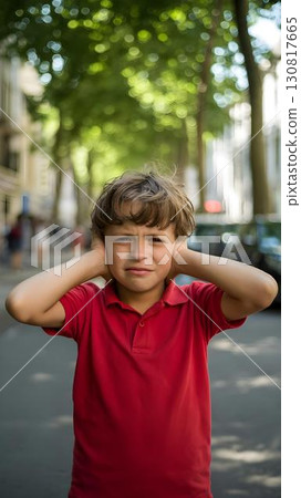 Autistic child boy covering ears in busy city street coping with loud noise sensory overload autism ADHD spectrum hypersensitivity neurodiversity awareness inclusion Autistic child boy covering ears in busy city street coping with loud noise sensory overload autism ADHD spectrum hypersensitivity neurodiversity awareness inclusion 130817665