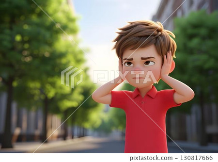 3D illustration autistic child boy covering ears outdoors showing sensory overload autism ADHD spectrum hypersensitivity meltdown neurodiversity awareness inclusion 130817666