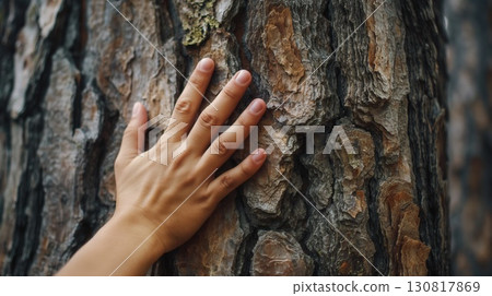 Hand rugged tree trunk outdoors natural bark texture daylight close-up man 130817869