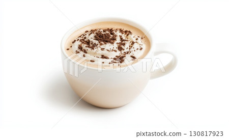 White ceramic cup filled hot chocolate topped whipped cream chocolate shavings 130817923