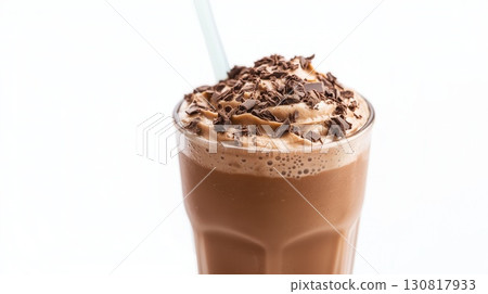 Chocolate milkshake glass creamy topped shaved flakes straw white background 130817933
