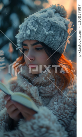 Young woman reading book outdoors snowy day wearing winter hat scarf 130817997