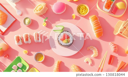colorful sushi rolls and dumplings arranged on pastel pink surface with fun garnishes in bright sunlight copyspace concept of cuisine, restaurant, catering 130818044