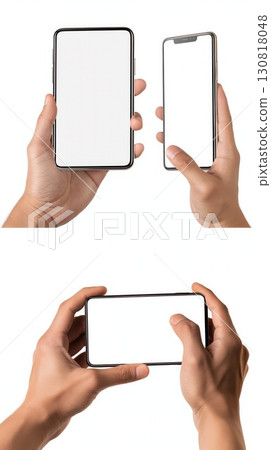 hands holding smartphones with blank screens in orientations copyspace for app design or product showcase concept of technology mobile marketing 130818048
