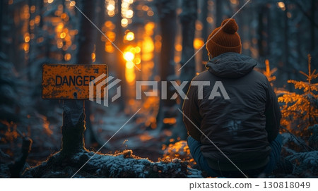 Man sitting DANGER sign forest weathered sunlit winter sun trees snow orange 130818049