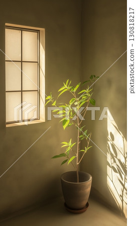 Sunlit potted plant minimalist room small window beige walls 130818217