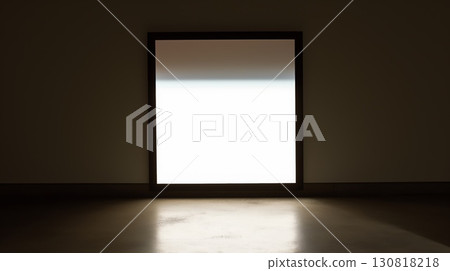 Dark minimalistic interior large illuminated picture frame soft glow empty room 130818218