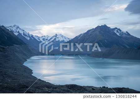 Wide glacier landscape scenery with snowy mountain, glacier and glacial lake at front, New Zealand Wide glacier landscape scenery with snowy mountain, glacier and glacial lake at front, New Zealand 130818244