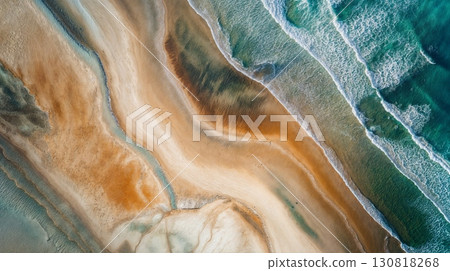 Aerial view sandy beach turquoise blue waves unique shoreline horizontal 130818268