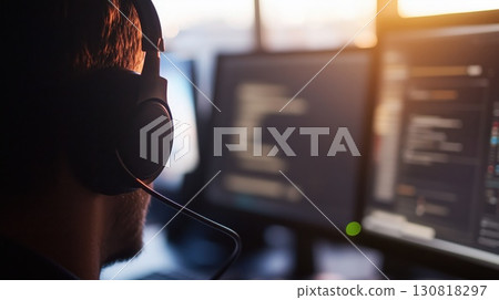 male tech professional wearing headset while coding on screens in subdued office lighting background concept of software development, technical support male tech professional wearing headset while coding on screens in subdued office lighting background concept of software development, technical support 130818297