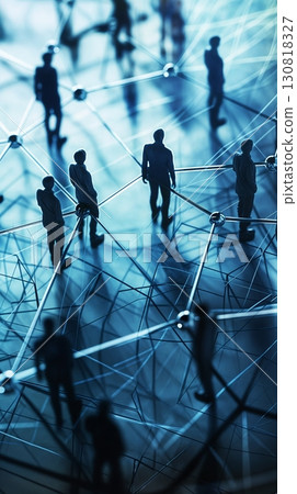 Silhouetted people standing digital network grid global connectivity interaction tech world 130818327