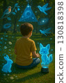 Young Boy Immersed in Augmented Reality with Holographic Forest Animals 130818398