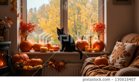 A black cat sits on a windowsill decorated with pumpkins, autumn leaves, and candles, creating a cozy and festive Halloween atmosphere A black cat sits on a windowsill decorated with pumpkins, autumn leaves, and candles, creating a cozy and festive Halloween atmosphere 130818407