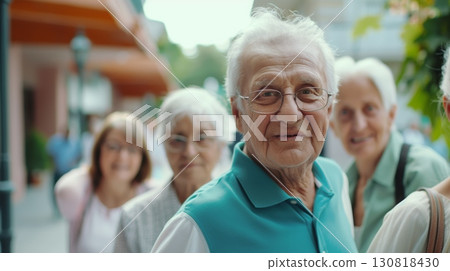 Senior man outdoor group elderly friends city street bright day companionship 130818430