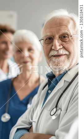 Confident senior doctor stethoscope crossing arms hospital medical staff background 130818431