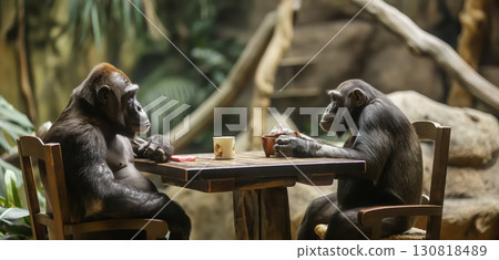 Two gorillas sit across wooden table cups naturalistic zoo human-like 130818489