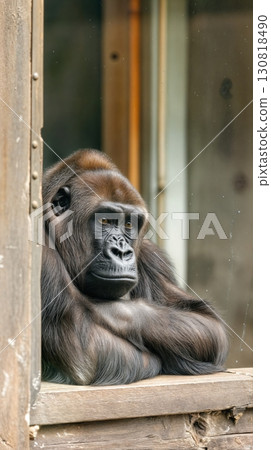 Gorilla thoughtful resting window naturalistic zoo habitat cloudy day 130818490