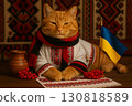 Resilient Ukrainian Spirit: Tabby Cat in Vyshyvanka 130818589