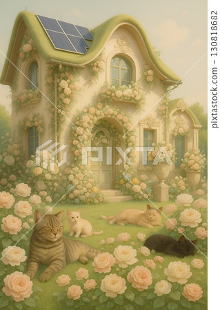 Enchanted Cottage with Solar Power and Sleeping Cats (AI Generated) 130818682