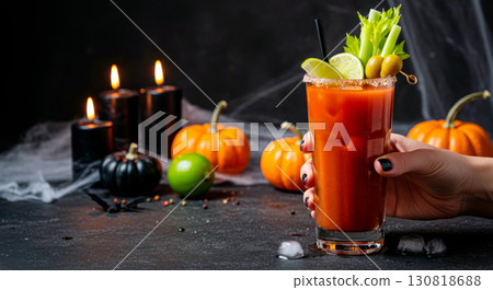 A hand holding a Bloody Mary cocktail on a dark Halloween-themed background with pumpkins, candles, and spider webs 130818688