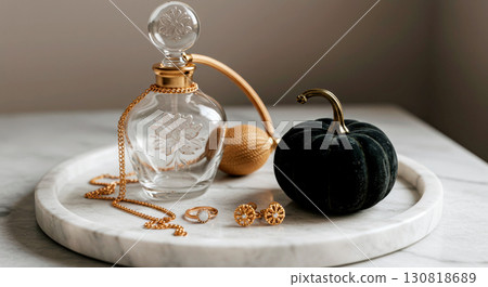 Luxurious autumn still life with a vintage perfume bottle, gold jewelry, and a black velvet pumpkin on a marble tray 130818689