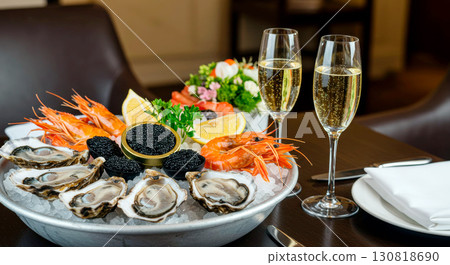 Luxurious seafood platter with fresh oysters, prawns, and black caviar, served with two glasses of champagne on a restaurant table 130818690