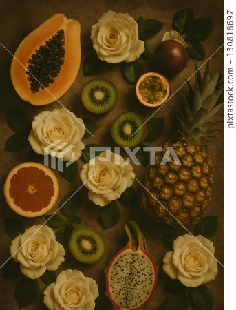 papaya, pineapple, dragon fruit 130818697
