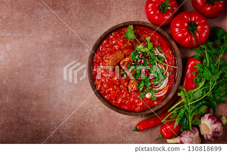 Chashushuli, a traditional Georgian dish, spicy, stewed meat with tomatoes and spices, homemade, no people, Chashushuli, a traditional Georgian dish, spicy, stewed meat with tomatoes and spices, homemade, no people, 130818699