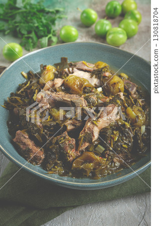chakapuli, Georgian dish, stewed meat with herbs and tkemali, in white wine, homemade, no people, chakapuli, Georgian dish, stewed meat with herbs and tkemali, in white wine, homemade, no people, 130818704