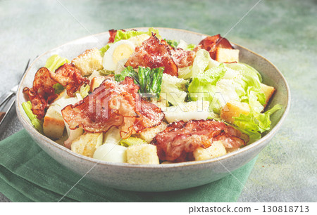caesar salad with fried bacon, quail eggs, homemade, no people, 130818713