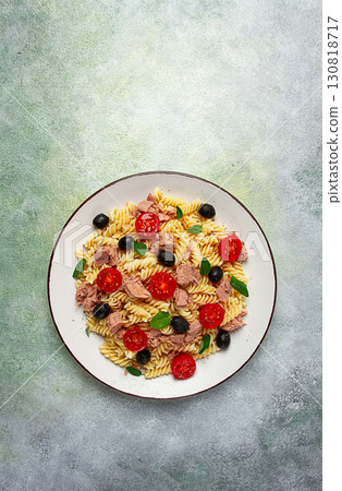 Tuna salad, fusilli pasta, olives and cherry, olive oil, homemade, 130818717