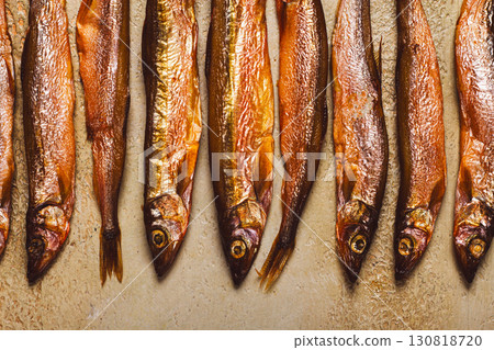 cold smoked capelin, on the table, top view, no people, cold smoked capelin, on the table, top view, no people, 130818720