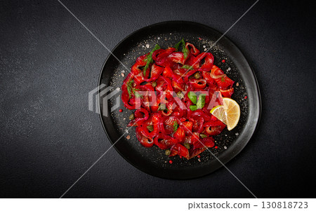 Salmon gravlax with beetroot, Scandinavian snack, beet gravlax, lightly salted fish, homemade, no people, Salmon gravlax with beetroot, Scandinavian snack, beet gravlax, lightly salted fish, homemade, no people, 130818723
