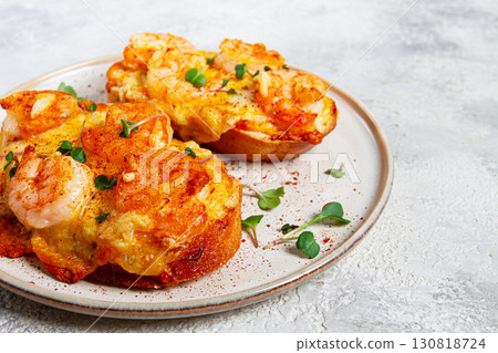 sandwiches with shrimp and cheese, baked in the oven, with microgreens, breakfast, homemade, no people, 130818724